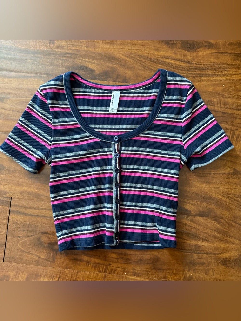 American Apparel Navy Striped Button-Front Tee with Pink Gray Blue